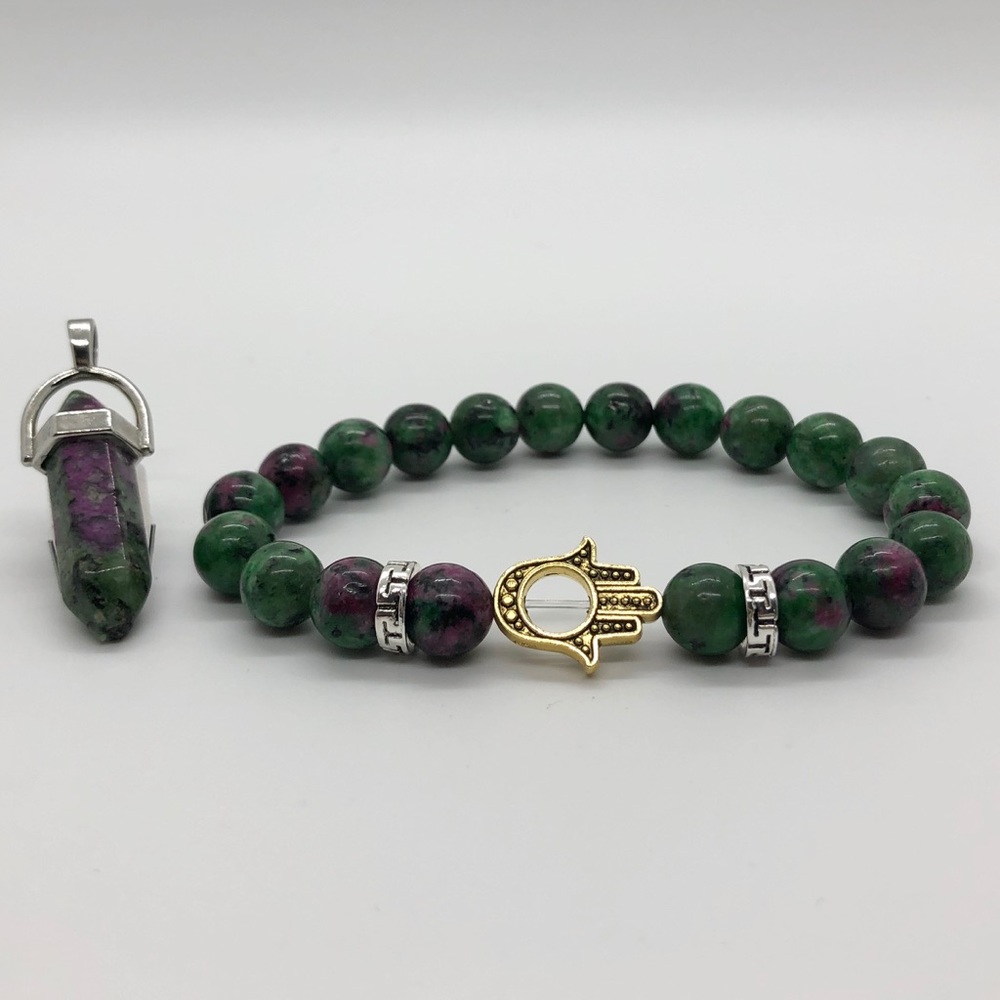 *BUNDLE* Ruby Zoisite Necklace W/ Hamsa Bracelet